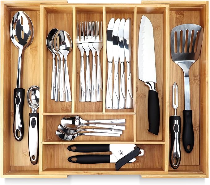 Silverware Tray for Drawer Organizer,Kitchen Drawer Organizer,Cutlery Organizer in Drawer, Flatware Silverware Holder, Expandable Adjustable Wooden Dividers (8-slots)