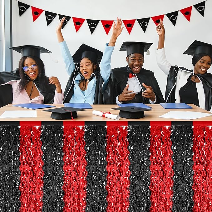 2 Pack 2026 Graduation Party Decorations Desk Skirt, Red Black Desk Grass Skirt for Table, Grad Metallic Wavy Tinsel Foil Fringe Table Skirts, Foil Table Skirt for Birthday Party Class of 2026 Decor