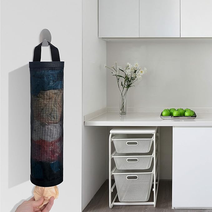Mesh Garbage Bag Sulimy Plastic Bag Holder Dispensers 2pcs Folding Hanging Storage Trash bags Holders Organizer Recycling Grocery Pocket Containers with 2 Hooks for Home and Kitchen Black