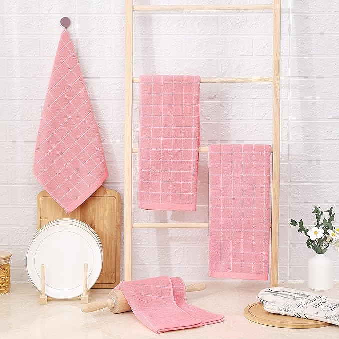 Homaxy 100% Cotton Terry Kitchen Towels(Pink, 13 x 28 inches), Checkered Designed, Soft and Super Absorbent Dish Towels, 8 Pack