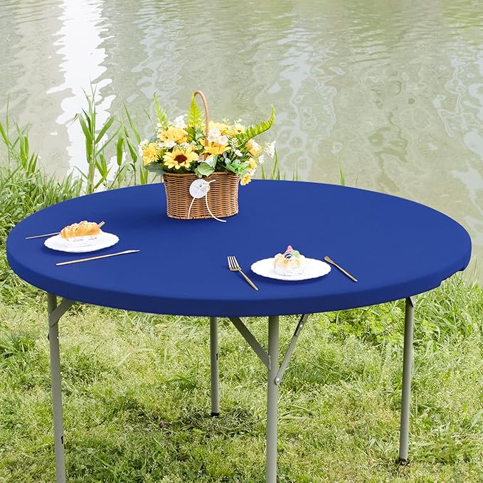 Round Fitted Table Cover Elastic Tablecloth 5ft Stretch Spandex Table Top Cover for Dining Kitchen Home Party Blue 60 Inch
