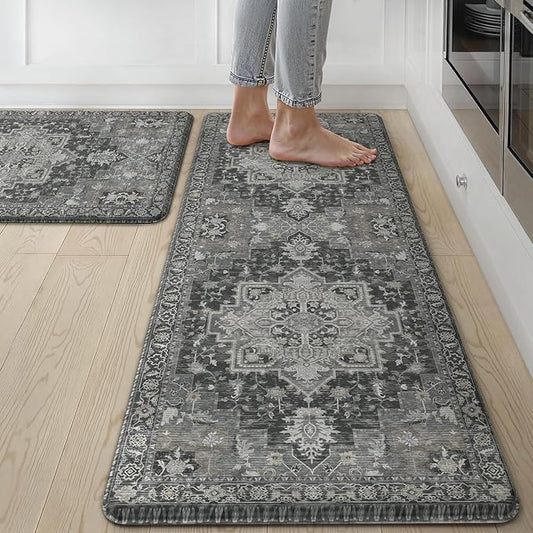 GENIMO Kitchen Mats for Floor 2PCs, Washable Anti Fatigue Mat for Cushioned, 17.3"x47"+17.3"x30", Waterproof Kitchen Rugs, Non Slip Comfort Standing Mat Rug for Home, Sink, Laundry, Dark Gray