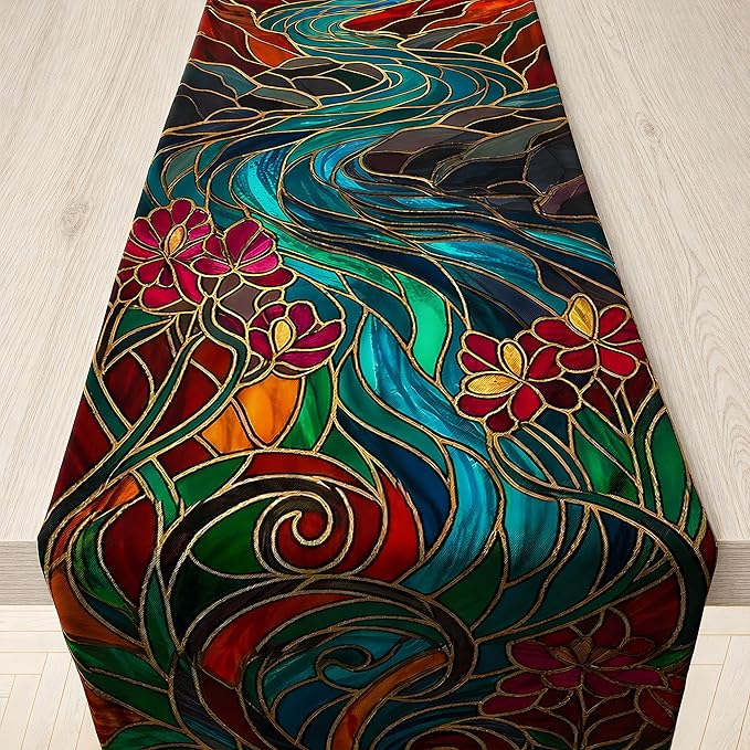 Fall Decor - Stained Glass Table Runner | Fall Decorations for Home | Thanksgiving Table Decor Accessories for Indoor & Outdoor Party Supplies, Thanksgiving Gifts