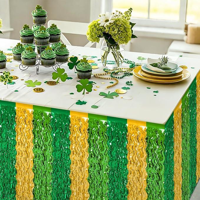 2 Pack St Patricks Day Table Skirts Decorations, Green Gold Saint PatricksTable Skirt, 29.5 x 108" Irish Decor, Metallic Wavy Tinsel Fringe Foil Grass Table Skirt for Party Event Parade Float Decor
