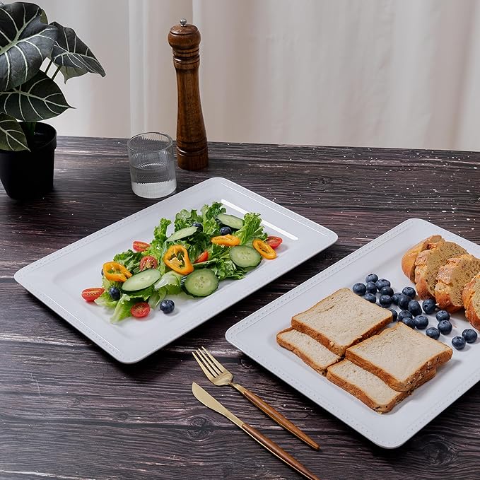 Melamine Large Serving Platter Set for Party Supplies,16"x11" Platters for Serving Food, 2pcs White reusable Serving Tray for Cookie, Fruit, Snack,Party Food Display,Stackable Kitchen CounterTop Tray