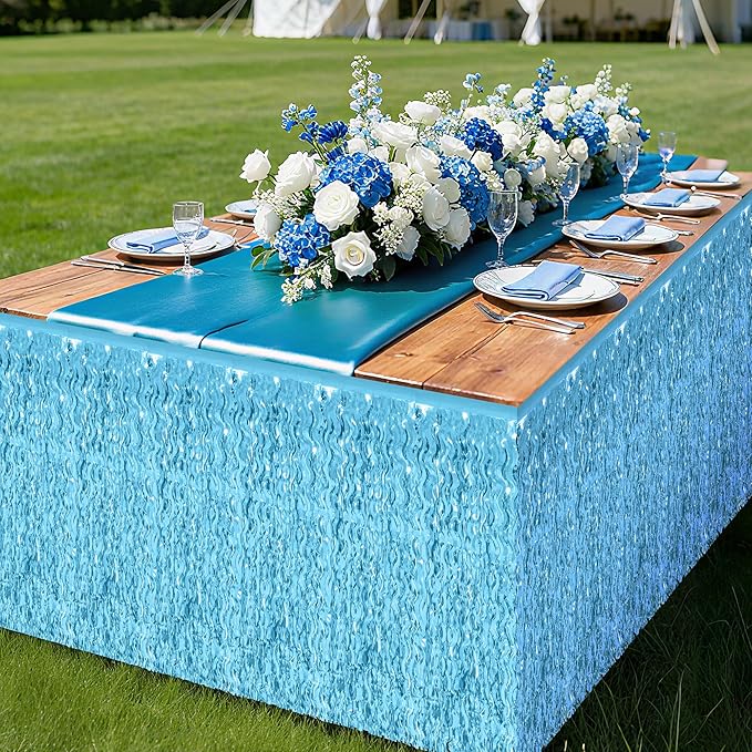 2 Pack Light Blue Table Skirt, Gender Reveal Desk Grass Skirt for Table, Under The Sea Party Wavy Tinsel Foil Fringe Table Skirts, Foil Table Skirts Oktoberfest Birthday Indoor Party Decor