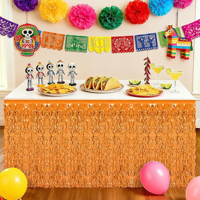 2 Pack Halloween Table Skirt Decor, Orange Fall Foil Grass Skirt for Table, Metallic Wavy Tinsel Foil Fringe Table Skirts, Table Curtain Skirts Thanksgiving Graduations Wedding Birthday Indoor Party