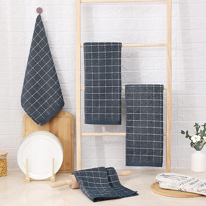 Homaxy 100% Cotton Terry Kitchen Towels(Dark Grey, 13 x 28 inches), Checkered Designed, Soft and Super Absorbent Dish Towels, 18 Pack