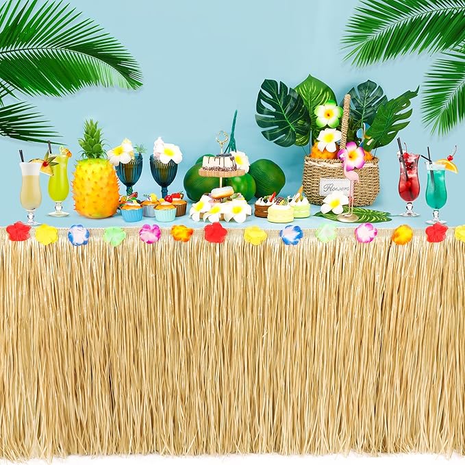Luau Party Decorations, Natural Hawaiian Grass Table Skirt, Flower 108 X 29.5" Grass Skirts Tropical Luau Party Favors, Table Skirt for Luau Summer Tropical Indoor Outdoor Parties Decor Accessories