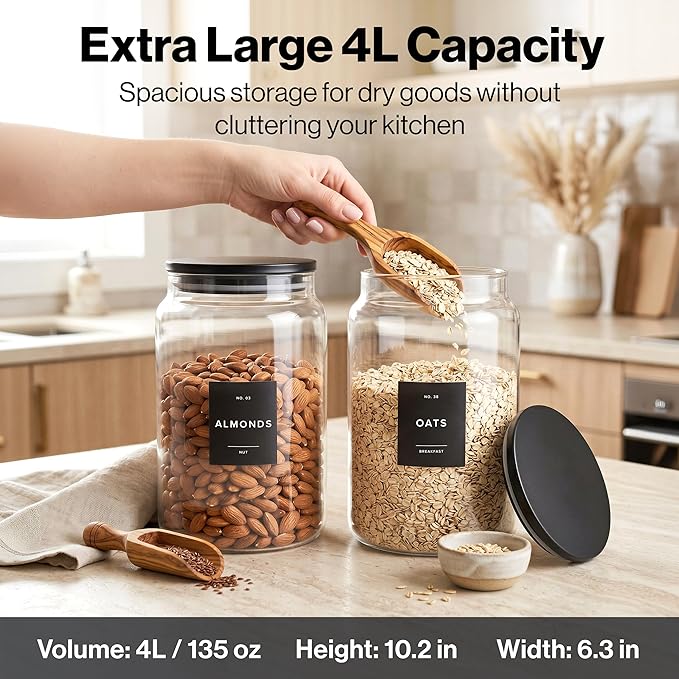 EDELHAUS 2x Large Glass Storage Containers with Airtight Black Lids [135oz/4000ml] | Extra Thick Glass Canisters for Pantry + 63 Labels | Flour Rice Cereal Sugar Coffee Beans Tea