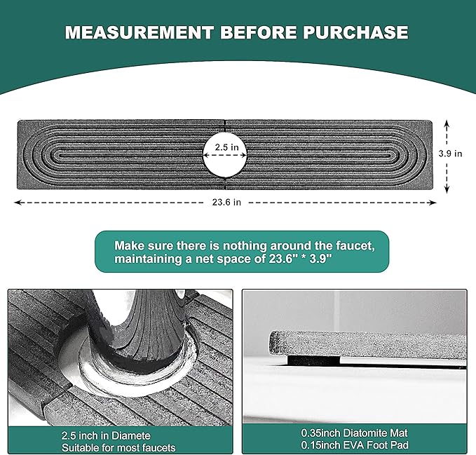 Stone Faucet Mat For Kitchen Sink with Raised Feet, 23.6" Long Diatomite Quick Drying Stone Sink Tray, Super Absorbent Kitchen Sink Splash Guard Sink Protectors for Kitchen Bathroom Counter
