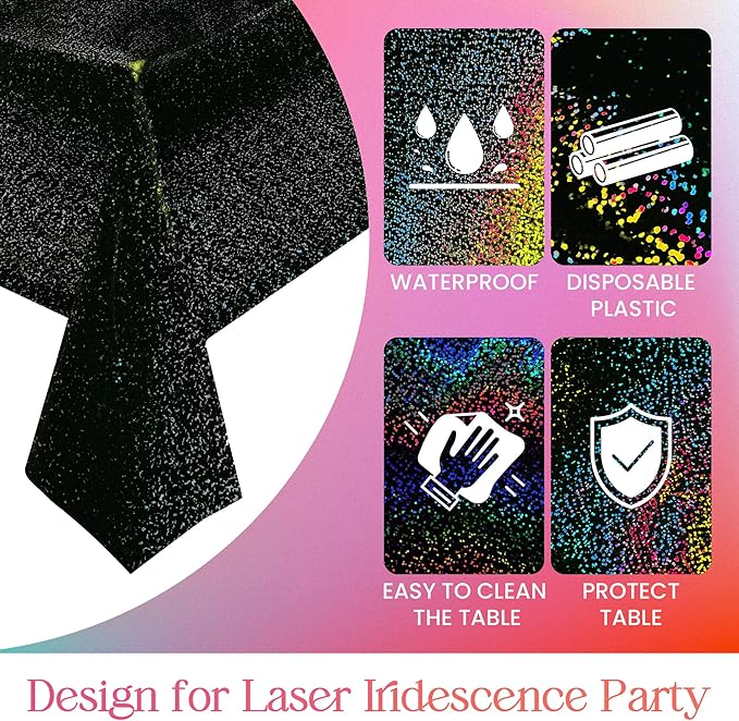 Pink & Purple & Blue & Black Holographic Tablecloth, 40" x 108", Valentine's Day & Birthday Party Decor, Iridescent Plastic Table Cloth for Halloween & Baby Showers