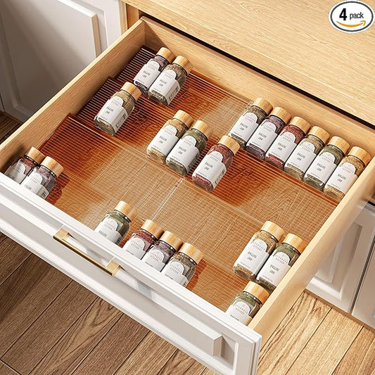 MUDEELA Clear Spice Drawer Organizer, 4 Tier- 2 Set (4 Packs) Spice Rack for Drawer, Expandable From 11" to 22" Kitchen Seasoning Organizers and Storage for Drawer (Jars not included), Amber
