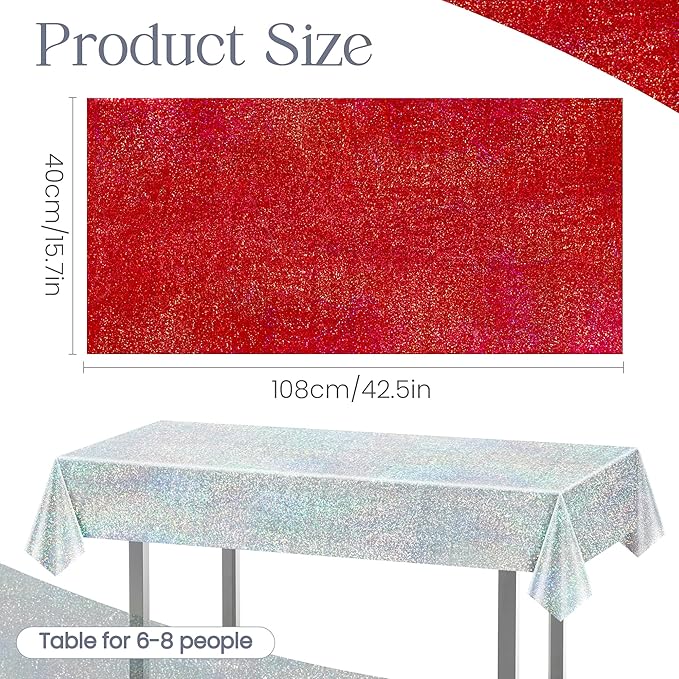 Red & Silver Carnival Laser Tablecloth 40" x 108" Shining Christmas Holiday Holographic Table Cloth Birthday Graduation Party Table Cover Plastic Foil Party Supplies For Anniversary Baby Shower