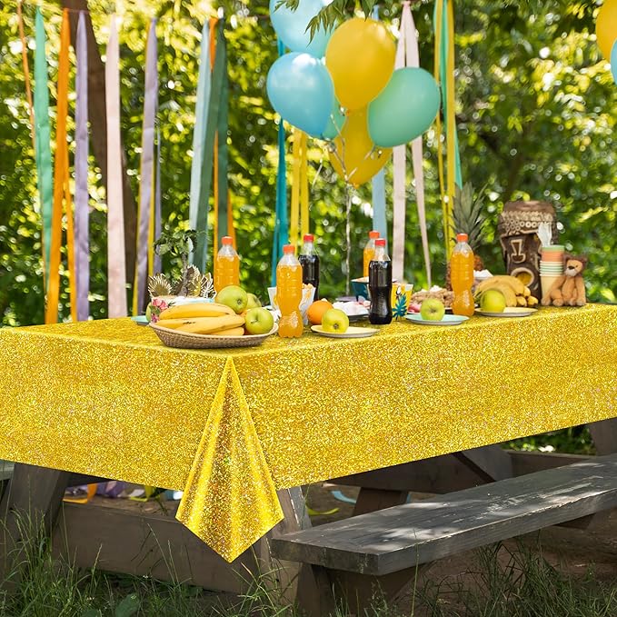 Just Shimmer Sparkling Holographic Laser Tablecloth - Shimmering, Waterproof, Easy to Clean - Ideal for Bachelorette, Birthday, Wedding, and Anniversary Party Decorations (Light Blue & Gold, 2)