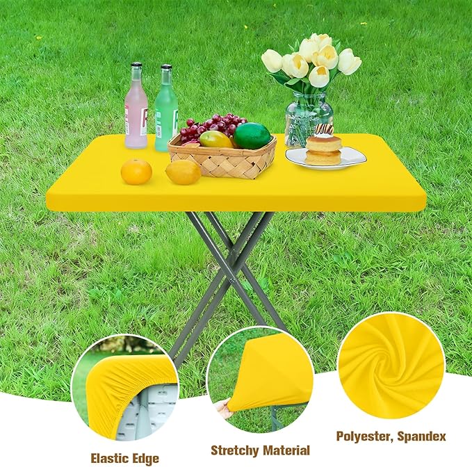 Fitted Rectangle Tablecloth 20 x 30 Inch Elastic Table Cloth for 2.5ft Table, Stretch Spandex Table Cover Gold Washable Polyester Table Top Cap Cover for Dining Picnic Camping Indoor and Outdoor