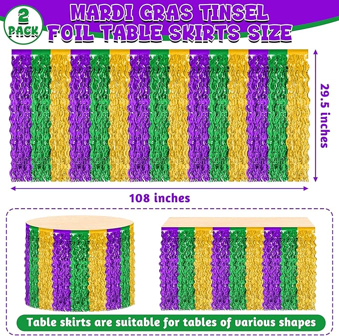2 Pack Mardi Gras Decorations, 29.5 × 108 Inches Green Purple Gold Fringe Mardi Gras Table Skirt, Metallic Wavy Tinsel Foil Grass Table Skirt for Carnival Party Parade Decor