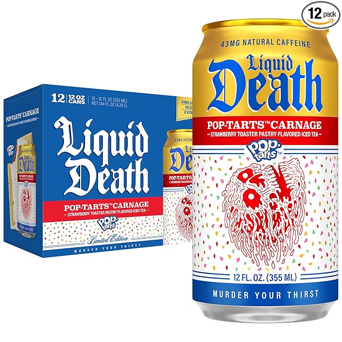 Liquid Death Iced Tea, Pop-Tarts™ Carnage (Pop-Tarts® Frosted Strawberry Toaster Pastry Flavored Black Tea), Less Sugar*, Boost of Caffeine, B Vitamins, No Artificial Sweeteners, 12 Fl Oz (Pack of 12)