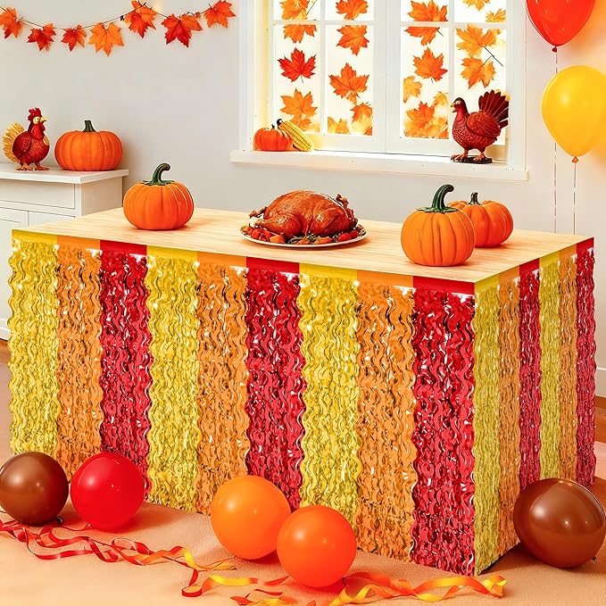 Thanksgiving Table Skirt Decor, 2 Pack Red Orange Gold Desk Skirts Decorations, Metallic Thanksgiving Wavy Tinsel Foil Fringe Table Skirts, Foli Table Skirt for Fall Holiday Party Backdrop Decor