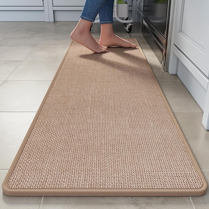 Kitchen Runner Rugs Non Slip Washable, Linen-Like 0.3" Thick Cushioned Absorbent Kitchen Mats for Floor, Mild Anti-Fatigue Long Sink Floor Mat Laundry Standing Mat, Easy Clean, Brown 17"x59"