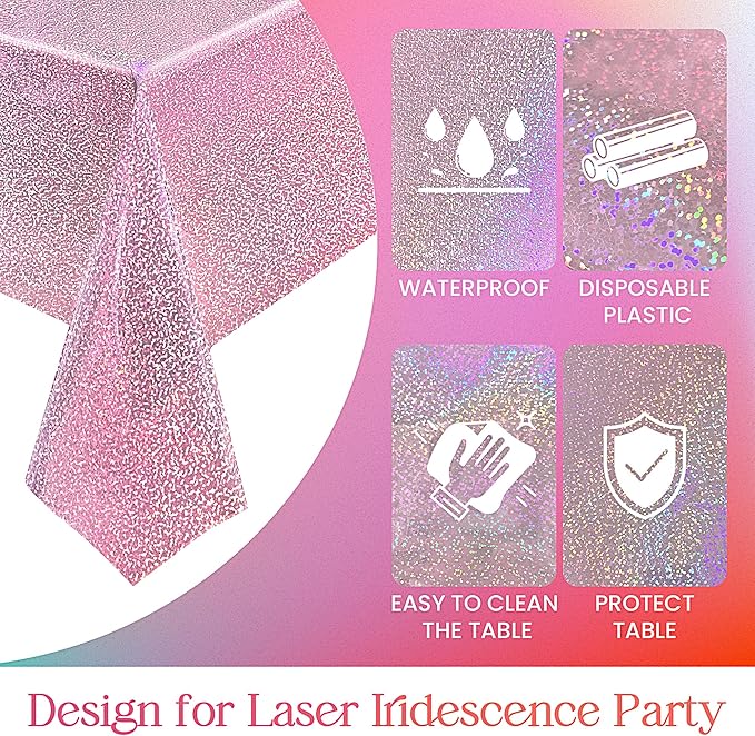 PalePink & Silver Holographic Tablecloth 40" x 108" Hot Pink Party Decoration Valentine's Day Birthday Party Table Decor Iridescence Plastic Table Cloth for Baby Shower Bachelorette Party Supplies