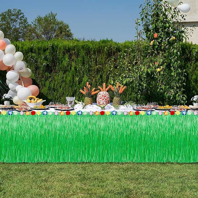 Hawaiian Table Skirt, 2PCS Gold 2PCS Green Luau Themed Grass Table Skirt Party Decorations, 108 X 29.5" Flower Tropical Hula Dance Parties Supplies, Table Skirt for Summer Beach Themed Activities