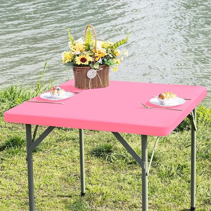 Square Fitted Table Cover Elastic Tablecloth Stretch Spandex Table Top Cover Tables Topper Cap for Dining Kitchen Home Party Pink 36X36 Inch