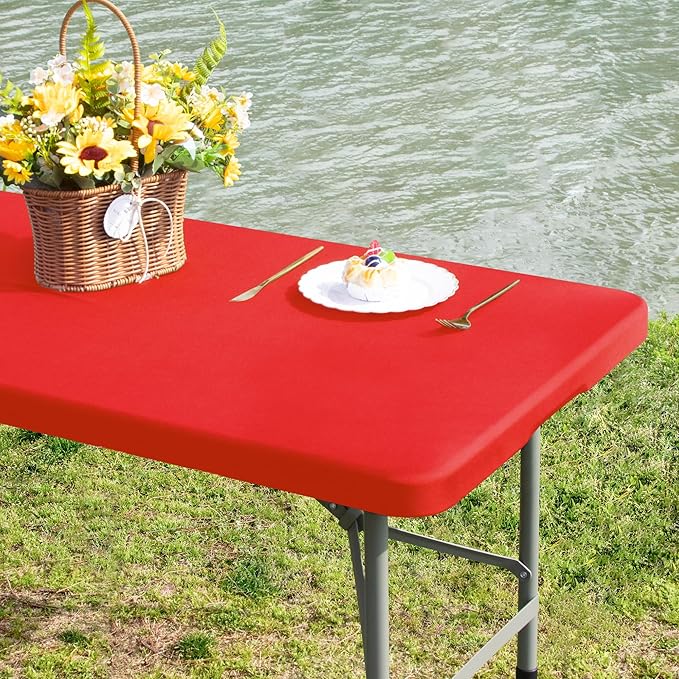Rectangle 4ft Fitted Table Cover Elastic Tablecloth 4ft Stretch Spandex Table Top Cover for Dining Kitchen Home Party Red 23X48 Inch