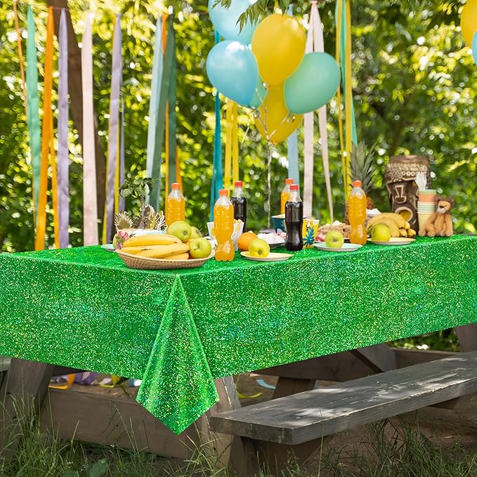 Just Shimmer Sparkling Holographic Laser Tablecloth - Shimmering, Waterproof, Easy to Clean - Ideal for Bachelorette, Birthday, Wedding, and Anniversary Party Decorations (Green & Gold & Silver, 3)