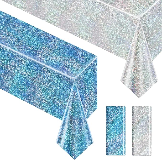 Just Shimmer Sparkling Holographic Laser Tablecloth - Shimmering, Waterproof, Easy to Clean - Ideal for Bachelorette, Birthday, Wedding, and Anniversary Party Decorations (Light Blue & Silver, 2)