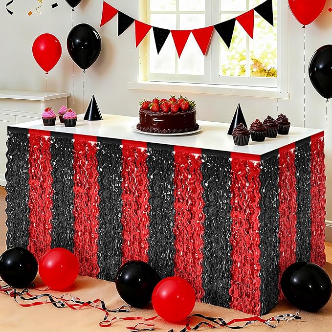2 Pack 2026 Graduation Party Decorations Desk Skirt, Red Black Desk Grass Skirt for Table, Grad Metallic Wavy Tinsel Foil Fringe Table Skirts, Foil Table Skirt for Birthday Party Class of 2026 Decor