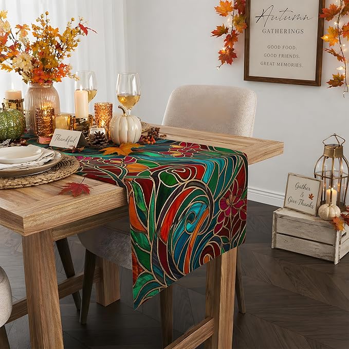 Fall Decor - Stained Glass Table Runner | Fall Decorations for Home | Thanksgiving Table Decor Accessories for Indoor & Outdoor Party Supplies, Thanksgiving Gifts