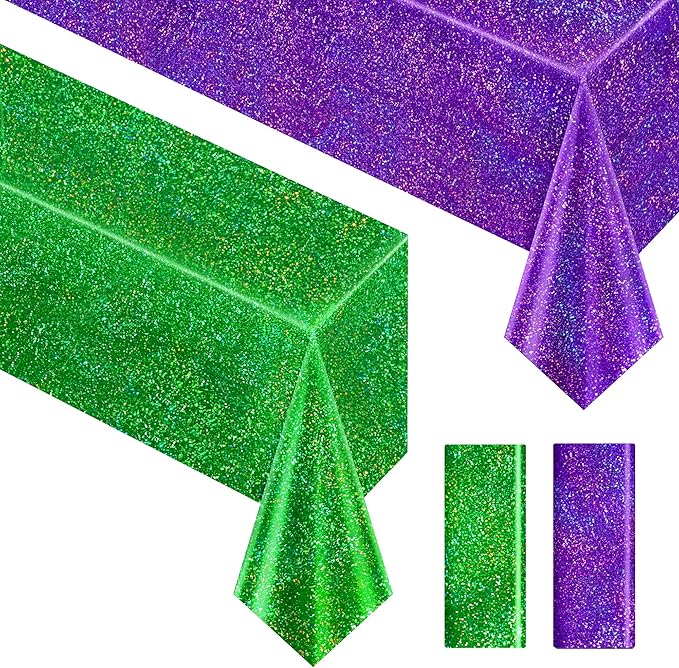 Purple & Green Holographic Laser Tablecloth 40" x 108" Iridescence Shiny Ocean Birthday Party Table Cloth Plastic Foil Table Cover For Halloween Under The Sea Baby Shower Party Supplies Table Decor