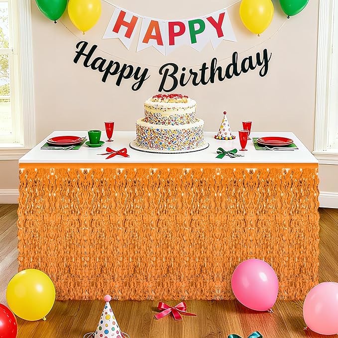 2 Pack Halloween Table Skirt Decor, Orange Fall Foil Grass Skirt for Table, Metallic Wavy Tinsel Foil Fringe Table Skirts, Table Curtain Skirts Thanksgiving Graduations Wedding Birthday Indoor Party