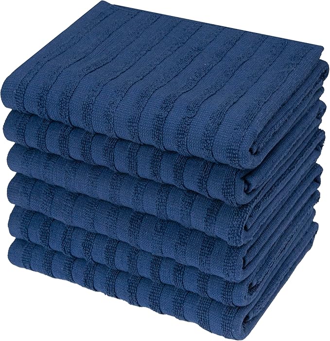 Premium Kitchen Towels (20”x 28”, 6 Pack) | Large Cotton Dish Towels 450 GSM | Highly Absorbent Terry Kitchen Linen Set with Hanging Loop | Blue Solid