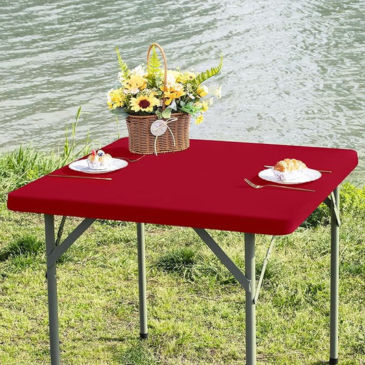 Square Fitted Table Cover Elastic Tablecloth Stretch Spandex Table Top Cover Table Topper Cap for Dining Kitchen Home Party Burgundy 34X34 Inch