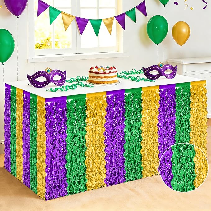 2 Pack Mardi Gras Decorations, 29.5 × 108 Inches Green Purple Gold Fringe Mardi Gras Table Skirt, Metallic Wavy Tinsel Foil Grass Table Skirt for Carnival Party Parade Decor