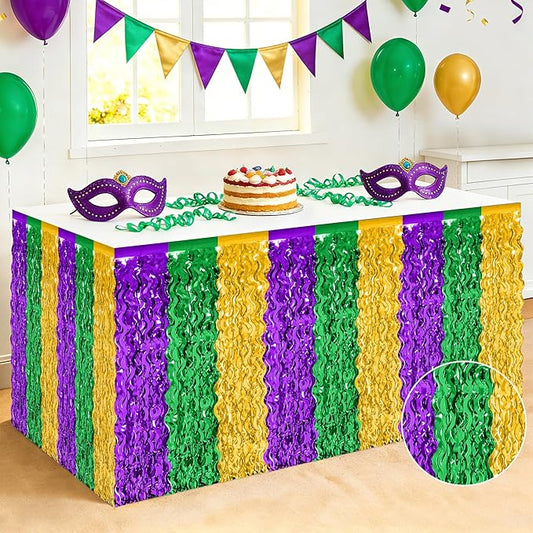 2 Pack Mardi Gras Decorations, 29.5 × 108 Inches Green Purple Gold Fringe Mardi Gras Table Skirt, Metallic Wavy Tinsel Foil Grass Table Skirt for Carnival Party Parade Decor