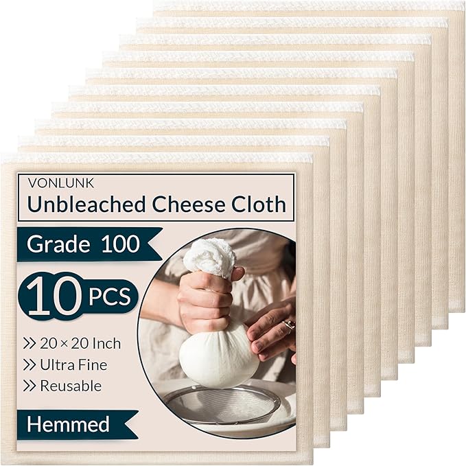 10-Pack Cheesecloth, 20x20 Inch Hemmed Cheese Cloth for Straining, Reusable Unbleached Cotton Strainer for Cooking, Baking, Juicing, and Cheese Making (Grade 100)