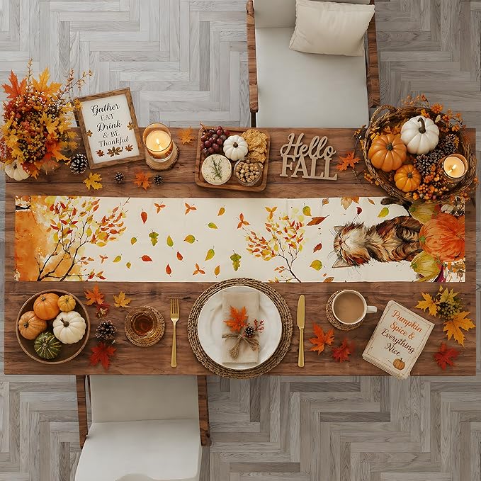 Fall Decorations for Home - Cute Autumn Cat Pumpkin Table Runner | Thanksgiving Friendsgiving Decorations for Home Indoor Outdoor - Fall Table Centerpieces Backdrop for Kitchen Dining Room Office