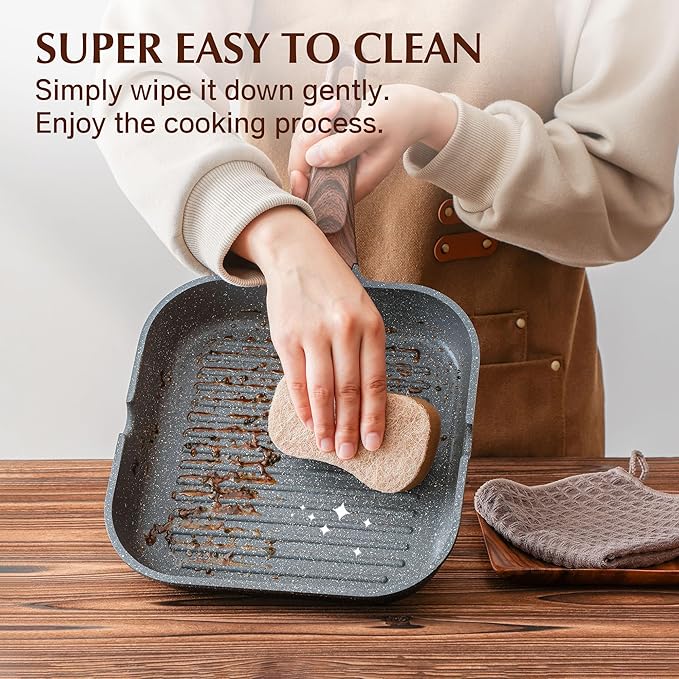 SENSARTE Nonstick Grill Pan with Lid, Grill Pan for Stove Tops, Versatile Griddle with Pour Spouts, Square Big Cooking Surface, Durable Skillet Indoor & Outdoor Grilling. PFOA Free, 12Inch