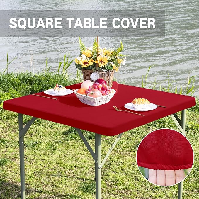 Square Fitted Table Cover Elastic Tablecloth Stretch Spandex Table Top Cover Table Topper Cap for Dining Kitchen Home Party Burgundy 34X34 Inch