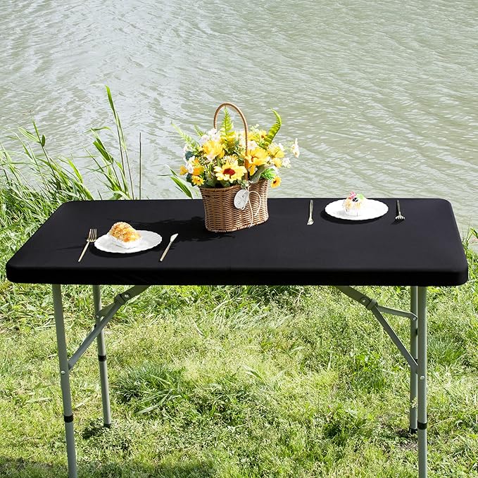 Rectangle 4ft Fitted Table Cover Elastic Tablecloth 4ft Stretch Spandex Table Top Cover for Dining Indoor Outdoor Party Black 23X48 Inch