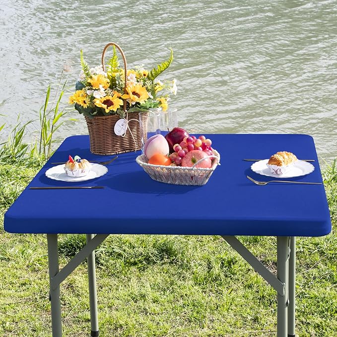 Square Fitted Table Cover Elastic Tablecloth Stretch Spandex Table Top Cover Tables Topper Cap for Dining Kitchen Home Party Blue 34X34 Inch