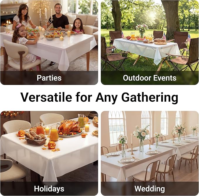 Auros Premium Plastic Tablecloths 10 Pack, 54 x 108 Inch Rectangle Disposable Table Covers for 8FT Tables, Thick & Durable, Waterproof & Spill-Proof, Easy Cleanup for Parties, Wedding, Pure White