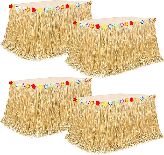 Luau Party Table Skirt Decorations, 4PCS Gold Hawaiian Themed Grass Table Skirt, 108 X 29.5" Flower Tropical Hula Dance Parties Supplies, Table Skirt for Hawaiian Summer Beach Themed Party Decor