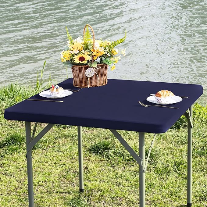 Square Fitted Table Cover Elastic Tablecloth Stretch Spandex Table Top Cover Table Topper Cap for Dining Kitchen Home Party Navy 34X34 Inch