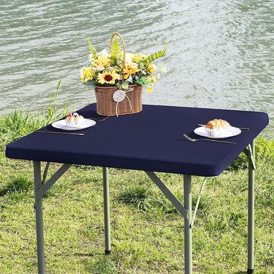 Square Fitted Table Cover Elastic Tablecloth Stretch Spandex Table Top Cover Table Topper Cap for Dining Kitchen Home Party Navy 34X34 Inch