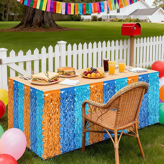 2 Pack Table Skirt, Blue Orange Grass Skirt for Table, Metallic Wavy Tinsel Foil Fringe Desk Skirts, Blue Orange Foil Table Skirt for Birthday Indoor Party Decorations