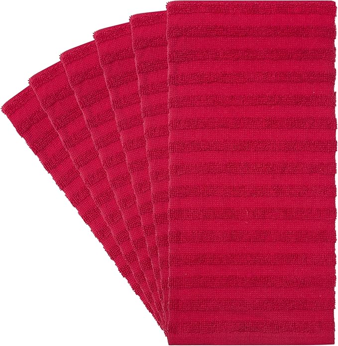 Premium Kitchen Towels (20”x 28”, 6 Pack) | Large Cotton Dish Towels 450 GSM | Highly Absorbent Terry Kitchen Linen Set with Hanging Loop | Red Solid